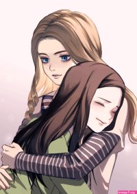 harunosuke dr muraki128 cady m3gan m3gan character m3gan highres 2girls blonde hair blue eyes brown hair closed eyes closed mouth forehead hug long hair multiple girls simple background striped sleeves