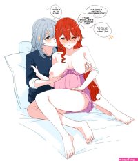 hinagi fox priest himeko honkai: star rail stelle honkai: star rail trailblazer honkai: star rail honkai: star rail honkai series highres 2girls artistic error bed sheet black shirt breasts breasts apart breasts