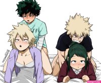 shoganight bakugou katsuki bakugou mitsuki midoriya inko midoriya izuku boku no hero academia 2boys 2girls :o age difference bed sheet blonde hair blush breasts cardigan cleavage collarbone doggystyle evil grin evil smile