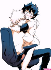 bakugou katsuki midoriya izuku boku no hero academia implied anal 2boys arm around back arm around neck blush bottomless chair cho mo futoshi freckles green eyes implied sex looking at viewer male