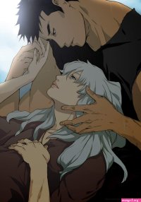griffith berserk guts berserk berserk highres 2boys black hair blue eyes eye contact holding hands lips long hair looking at another lying on lap male focus marina privalova multiple boys parted lips