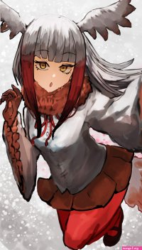 adeshi adeshi0693119 japanese crested ibis kemono friends kemono friends highres 1girl bird girl bird tail feathered wings full body gloves head wings jacket long hair looking at viewer multicolored hair pantyhose red hair scarf shoes skirt...