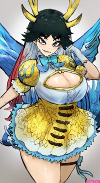 adeshi adeshi0693119 kirin kemono friends kemono friends absurdres highres 1girl belt black hair blue eyes blue hair bow bowtie breasts cleavage cleavage cutout clothing cutout dress gloves grey background horns large breasts