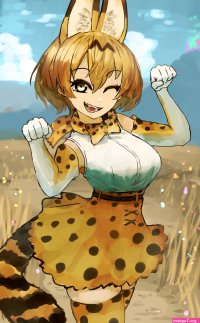 adeshi adeshi0693119 serval kemono friends kemono friends highres 1girl animal ears blonde hair blue sky bow bowtie cat ears cat girl cat tail elbow gloves extra ears gloves kneehighs looking at viewer