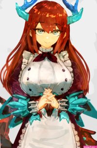 adeshi adeshi0693119 dragonmaid yu-gi-oh! kitchen dragonmaid yu-gi-oh! highres 1girl apron blue eyes bow bowtie breasts dragon girl dragon horns dragon tail dress duel monster hair between eyes horns interlocked fingers large