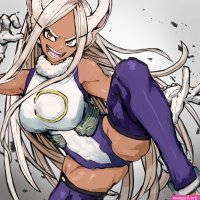 adeshi adeshi0693119 mirko boku no hero academia absurdres highres 1girl breasts dark skin female focus large breasts leg up leotard long hair looking at viewer open mouth rabbit ears shiny skin smile solo standing teeth thick thighs thighs