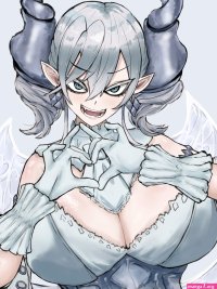 adeshi adeshi0693119 lovely labrynth of the silver castle yu-gi-oh! absurdres highres tagme 1girl bare shoulders breasts cleavage detached collar duel monster earrings fangs grey eyes grey hair jewelry large breasts pointy ears