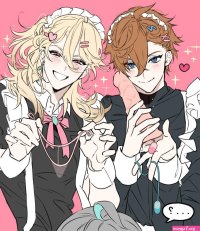 alhaitham genshin impact kaveh genshin impact tartaglia genshin impact genshin impact highres...? 3boys alternate costume aqua hair black dress blonde hair blue eyes blush crossdressing dildo dress earrings egg vibrator frills