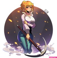 cha hae-in solo leveling highres 1girl artist name blonde hair brown eyes denim holding jeans kunsword long hair looking at viewer pants pickaxe shirt shy solo white shirt