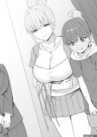 sky-freedom hinano sky-freedom original highres 1boy 2girls ? age difference bikini blush breasts child cleavage embarrassed faceless faceless female fitting room formal clothes full-face blush greyscale hair bun jewelry large...