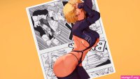 big boobs blonde blue eyes looking at viewer underboob short hair hips hands in hair standing anime anime girls Android 18 manga simple background Dragon Ball Z picture-in-picture side view numbers