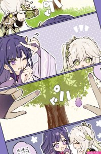 nanoja haigototta nahida genshin impact raiden shogun genshin impact commentary request highres 2girls 4koma :d armor blunt bangs braid bridal gauntlets comic detached sleeves finger frame food fruit gradient hair green eyes