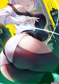 kurage444 lucy cyberpunk cyberpunk series cyberpunk edgerunners 1girl ass ass focus bare shoulders black leggings black shirt blue eyes blunt bangs blush breasts building city eyeliner female focus from behind glowing hand