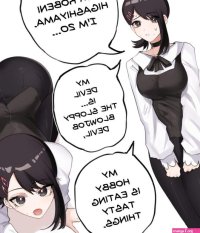 o22no higashiyama kobeni chainsaw man highres 1boy 1girl all fours ass black choker black hair black pants black vest breasts bulge choker collarbone collared shirt english text hair ornament hairclip large breasts