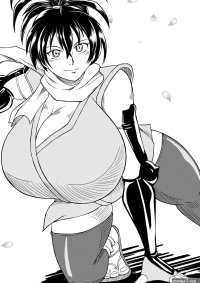 manyuu chifusa manyuu hikenchou highres 1girl arm guards blush breasts cleavage female focus fingerless gloves gigantic breasts gloves huge breasts looking at viewer medium hair monochrome ogakuzujhon petals ponytail sandals scarf...