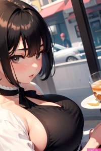 Anime Chubby Small Tits 70s Age Serious Face Black Hair Pixie Hair Style Dark Skin Soft Anime Cafe Close Up View Yoga Maid 3668652403894648209