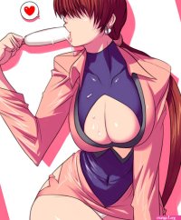 sawao shermie kof snk the king of fighters bad deviantart id bad id 1girl breasts cleavage cleavage cutout clothing cutout collarbone female focus food hair over eyes heart hip focus huge breasts