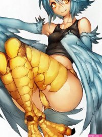 fumio rsqkr papi monster musume monster musume no iru nichijou 10s 1girl ahoge blue hair blue wings breasts covered erect nipples feathered wings female focus full body harpy monster girl scales short
