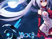 breasts elbow gloves gloves gray hair long hair matoi pso2 moon muryou phantasy star phantasy star online phantasy star online 2 red eyes signed staff stars thighhighs twintails