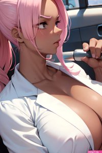 Anime Muscular Huge Boobs 50s Age Serious Face Pink Hair Slicked Hair Style Dark Skin Soft Warm Car Side View Working Out Nurse 3681539881567246240