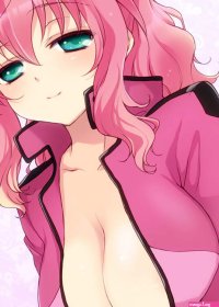 plum arch feldt grace gundam gundam 00 00s 1girl aqua eyes breasts cleavage cropped jacket female focus green eyes huge breasts jacket large breasts open clothes pink hair ponytail smile solo -