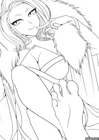 spiderlily scissor seven scissor seven absurdres highres 1girl barefoot breasts cleavage crossed legs feet finger to mouth flower fur trim large breasts licking lips long hair monochrome sitting soles spider lily toes