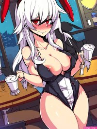 Porn image of bunny ears hentai muscular suit small tits messy hair barista created by AI