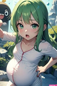 Anime Pregnant Small Tits 60s Age Shocked Face Green Hair Straight Hair Style Light Skin Black And White Underwater Front View Plank Pajamas 3679784959565695951