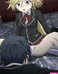 kasuga arata yamana mira trinity seven anime screenshot highres stitched third-party edit 10s 1boy 1girl blonde hair panties pantyshot purple eyes sitting underwear