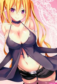 nao akinari lieselotte sherlock trinity seven highres official art 10s 1girl belt black footwear black gloves black thighhighs blonde hair boots breasts cleavage elbow gloves female focus gloves gradient background hair between
