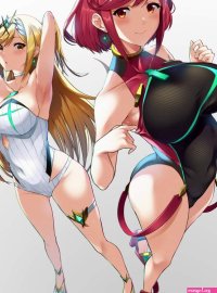 yuuki shin mythra xenoblade pyra xenoblade nintendo xenoblade chronicles series xenoblade chronicles 2 commentary request highres 2girls armpits arms behind head arms up bare shoulders blonde hair blush breasts choker cleavage...