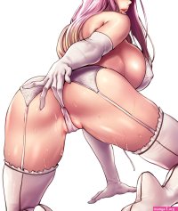 kim ran sex stopwatch highres 1girl ass blonde hair blush breasts elbow gloves garter belt garter straps gloves hairband huge breasts lingerie lipstick long hair makeup multicolored hair panties pink hair sideboob