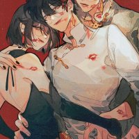 han sooyoung kim dokja yoo joonghyuk omniscient reader039s viewpoint highres 1girl 2boys black dress black hair black nails closed mouth dress fangs hug hug from behind lipstick mark lipstick mark on face