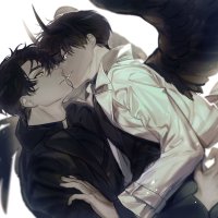 mgmg 1012 kim dokja yoo joonghyuk omniscient reader039s viewpoint highres korean commentary 2boys black coat black hair black shirt black wings blurry blurry background coat eye contact feathered wings from side glowing
