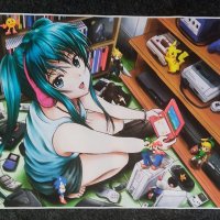 Girls Game Room Poster. Anime girl with multi video games