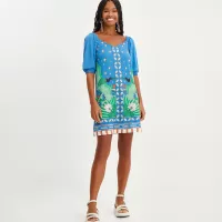 Vestido Curto em Viscolycra com Manga 34 e Estampa Tropical Azul