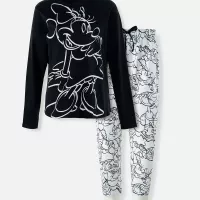 Pijama de mujer manga largapantaln largo blancanegra de Minnie Mouse Disney