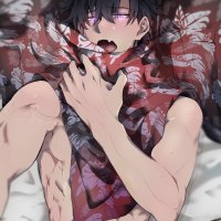 sung jin-woo solo leveling 1boy abs bed bed sheet black hair blush completely nude consak crying crying with eyes open fang furrowed brow glowing glowing eyes hair between eyes hawaiian shirt holding