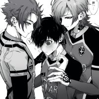 isagi yoichi itoshi sae michael kaiser blue lock highres translation request 3boys black gloves blush closed mouth collared shirt cowboy shot flower tattoo gloves greyscale hand tattoo hand up kotetsu 0906 long