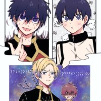 baccalaoooo alexis ness isagi yoichi michael kaiser blue lock commentary request highres translation request 3boys ? ?? black hair blonde hair blue eyes blue hair blush closed mouth clutching chest looking at