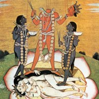 Hindu Goddess: Kali. Nchinnamasta A Manifestation Of The Goddess Kali Standing On The Love God Kamadeva
