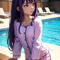 Anime Skinny Small Tits 40s Age Serious Face Purple Hair Bangs Hair Style Dark Skin Comic Pool Side View Eating Pajamas 3674326914674729689