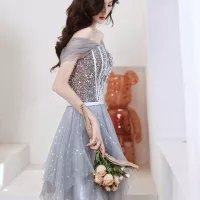 Brillante Sexy Gris Vestidos de gala 2021 A-Line Princess Escote Cuadrado Rebordear Lentejuelas Manga Corta