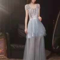 Brillante Sexy Gris Vestidos de gala 2021 A-Line Princess Escote Cuadrado Rebordear Lentejuelas Manga Corta