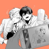 blue tkse isagi yoichi michael kaiser blue lock commentary request 2boys alcohol beer beer mug blurry blurry foreground blush cellphone closed mouth cropped torso cup drunk greyscale with colored background hand on