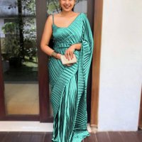 Light teal plain pure satin saree WITH UN-STITCHED BLOUSE