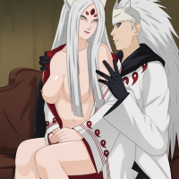 hoga ootsutsuki kaguya uchiha madara naruto classic naruto series highres 1boy 1girl breasts byakugan eye contact hetero looking at another nail polish nipples open clothes rinne sharingan third eye undressing