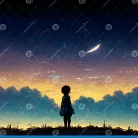 Silueta De Chica Mirando El Cielo Por La Noche. Niño De Anime Viendo Estrella En El Cielo De La Puesta De Sol Con Nubes Azules. Pi Stock de ilustracin
