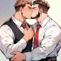 A handsome muscular naked man is cuddling and kissing a handsome muscular brown