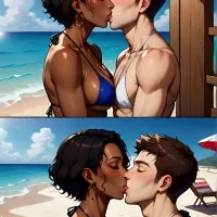 Furry boy having fun playing with tan brown skinned girl kissing and naked brown